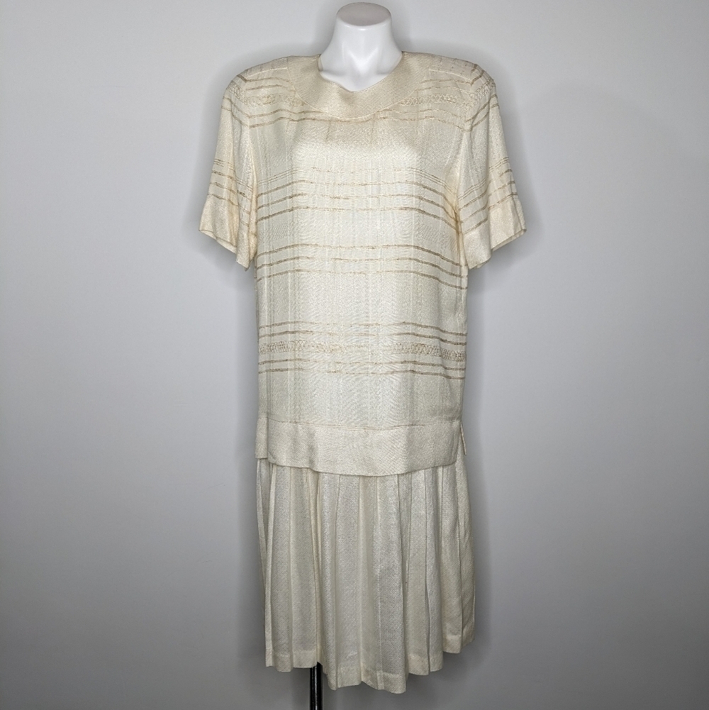 Vintage Argenti off white & tan stripe woven dress 10